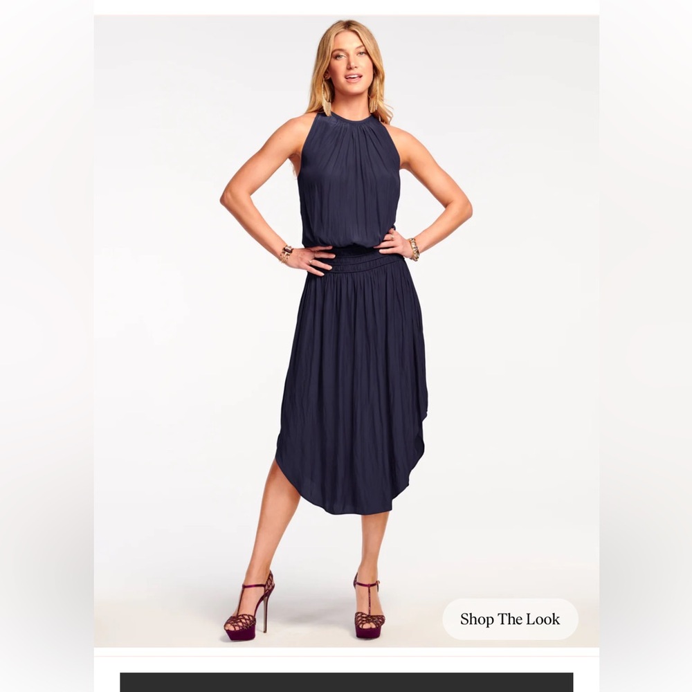 Ramy Brook Audrey smocked midi Midnight Blue sleevless elastic waist Dress